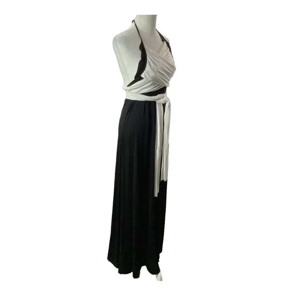 VENUS Women Maxi Dress Size L Black‎ White Halter Wrap Detail Unique 4-8